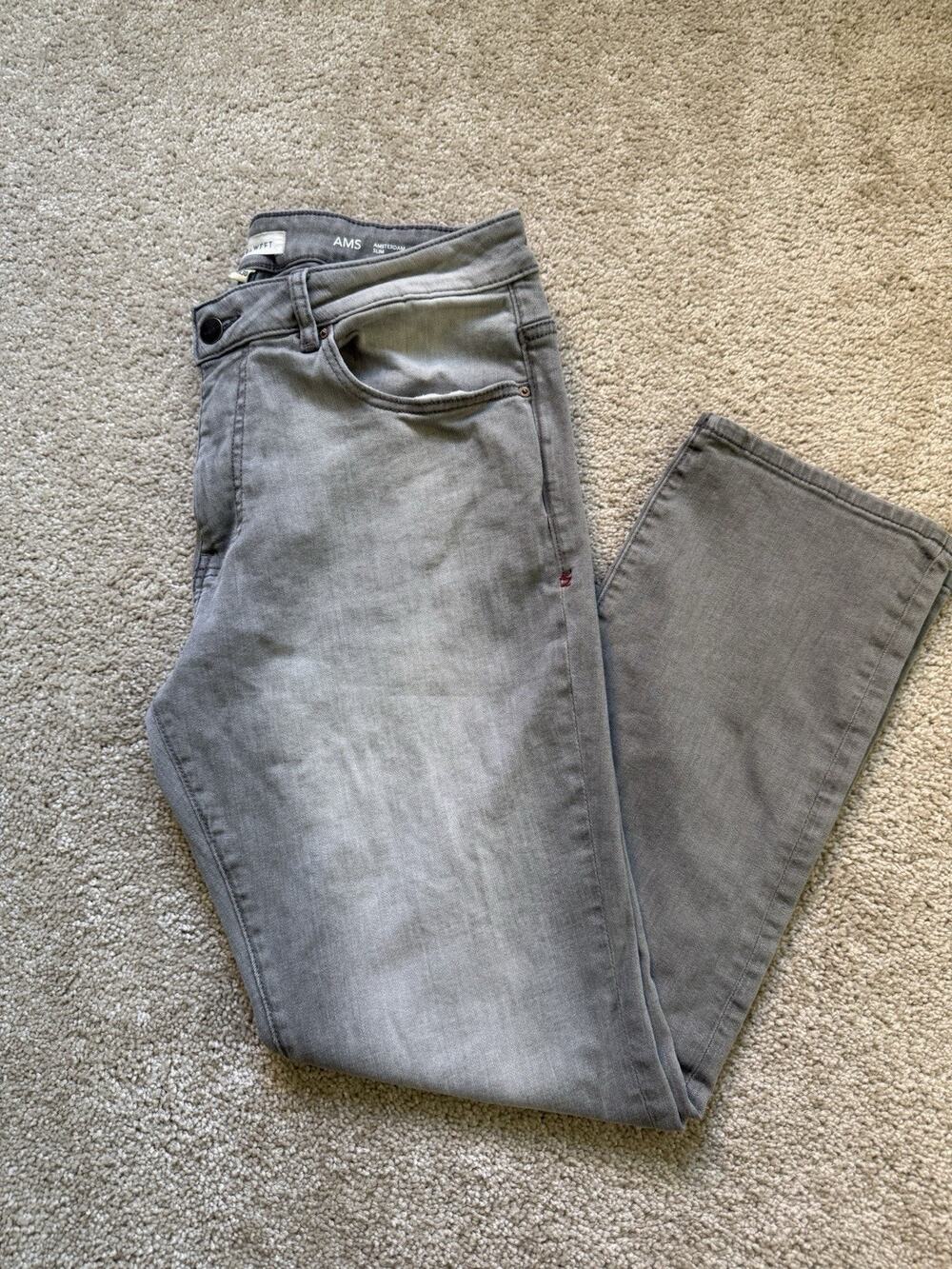 Warp + Weft Men's AMS Amsterdam Slim Fit Jeans Smoke Grey 34x30 Stretch